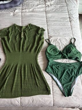 Cupshe Olive Green Crochet Knit Swim Cover up & swimsuit bikini set
